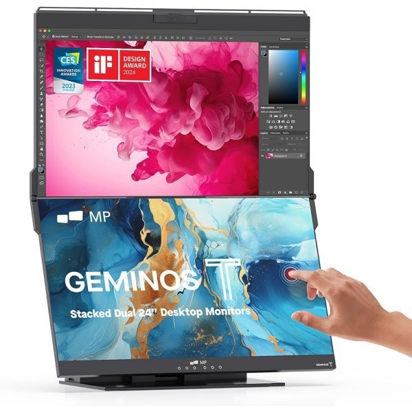 MP [해외] MP Mobile Pixels Geminos T (2 x 24인치) 듀얼 스택 터치 스크린 일체형 워크스테이션 65W USB-C 충전 컴퓨터 모니터 1080P 웹