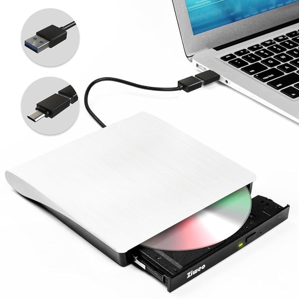 Ziweo [해외] Ziweo 외장 DVD 드라이브 USB 3.0 Type-C 휴대용 CD DVD +/-RW 드라이브 노트북 DVD 플레이어 CD ROM 리라이터 버너 노트북 데