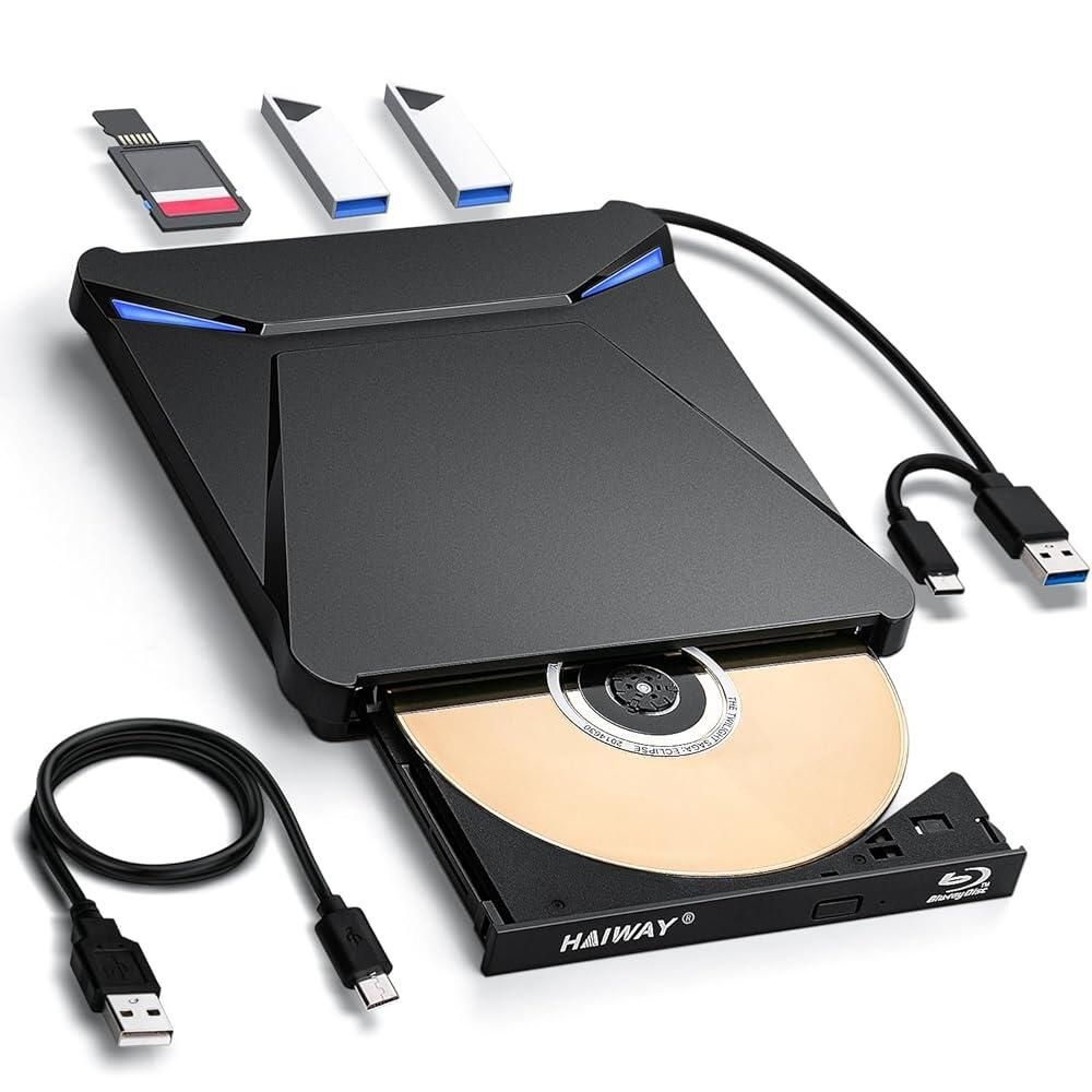 Haiway [해외] Haiway 5 in 1 외장 블루레이 버너 드라이브, USB 3.0 및 Type-C DVD/CD/블루레이 버너 라이터, SD/TF 카드 리더기 포함, 윈도