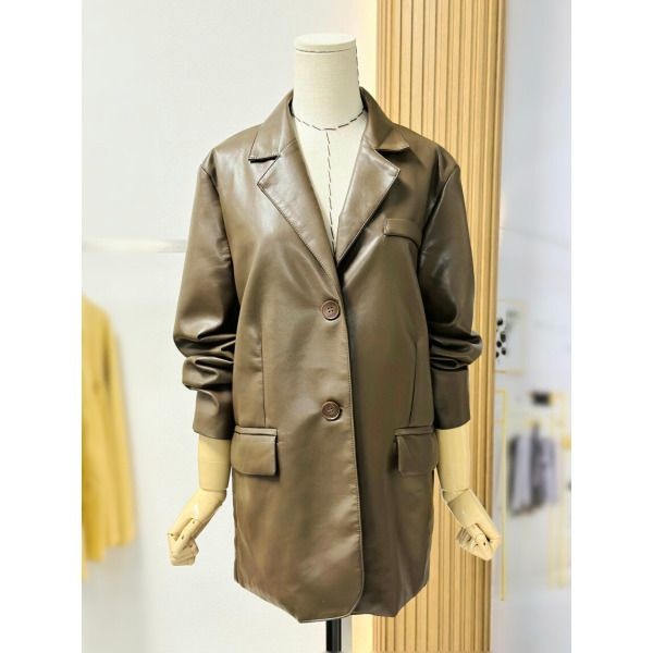 [비바앤코코넛] 카라넥 투버튼 롱 페이크 레더 재킷 VSC9JK04SU1