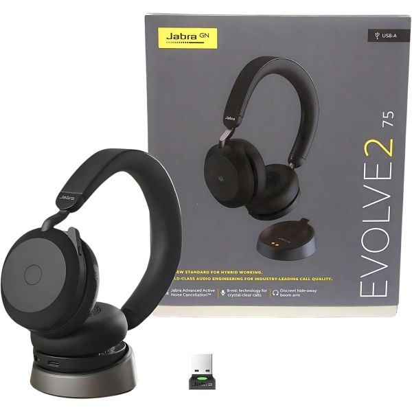 [해외] Jabra Evolve2 75 무선 헤드셋 스테레오 UC (충전 스탠드, USB 동글 포함, Zoom, RingCentral, 스마트폰, 태블릿, PC/MAC 호환, 275