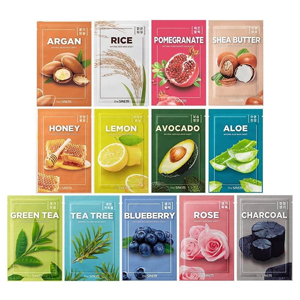 [해외] THESAEM 천연 시트 마스크 팩 세트 13장 - 한국 페이스 버라이어티 보습, 활력, 진정, 탄력 모든 피부 타입용 비건 에