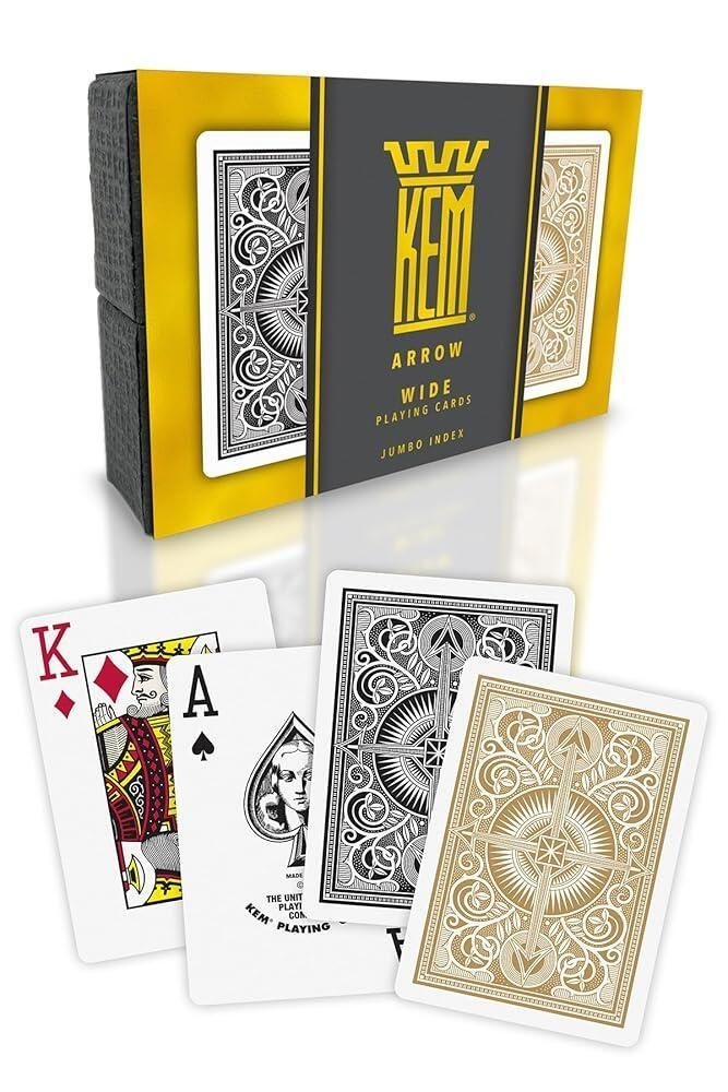 KEM Arrow 블랙 앤 골드 플라스틱 플레잉 카드 - 점보 인덱스, 포커 사이즈, 프리미엄 카지노 등급 덱 2개 105753