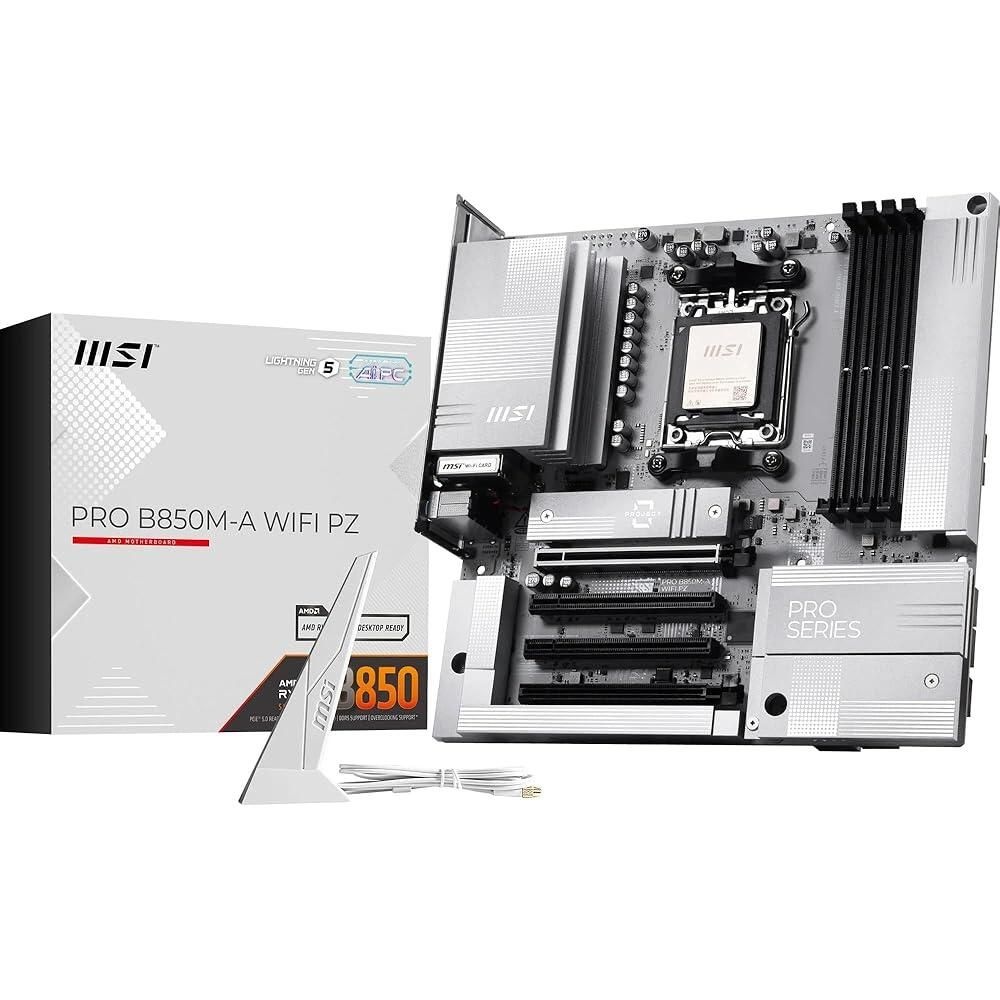[해외] MSI PRO B850M-A WiFi PZ 마더보드, 백 커넥트 mATX - AMD Ryzen 9000/8000 / 7000 프로세서, AM5 - DDR5 메모리 부스트 (8200+ MT/s OC), PC
