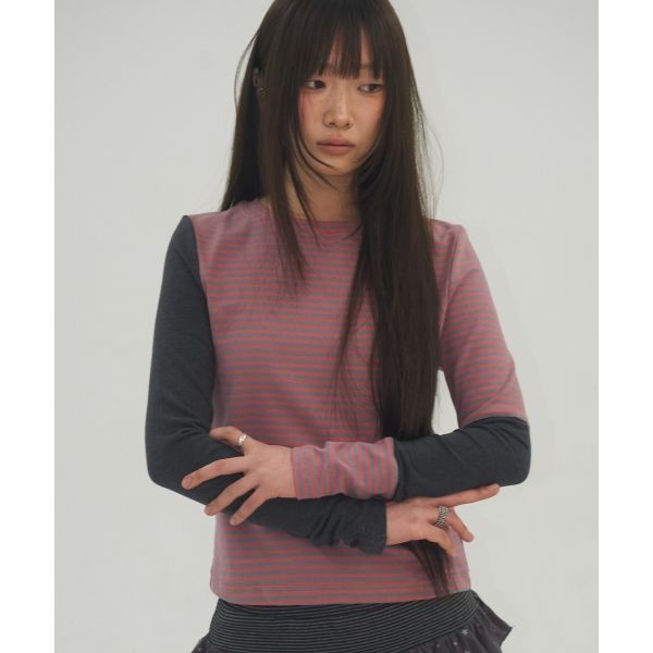 SOME PLACE 단가라 컬러 배색 포인트 래글런 링거 롱슬리브 긴팔 티셔츠 [핑크] 256906