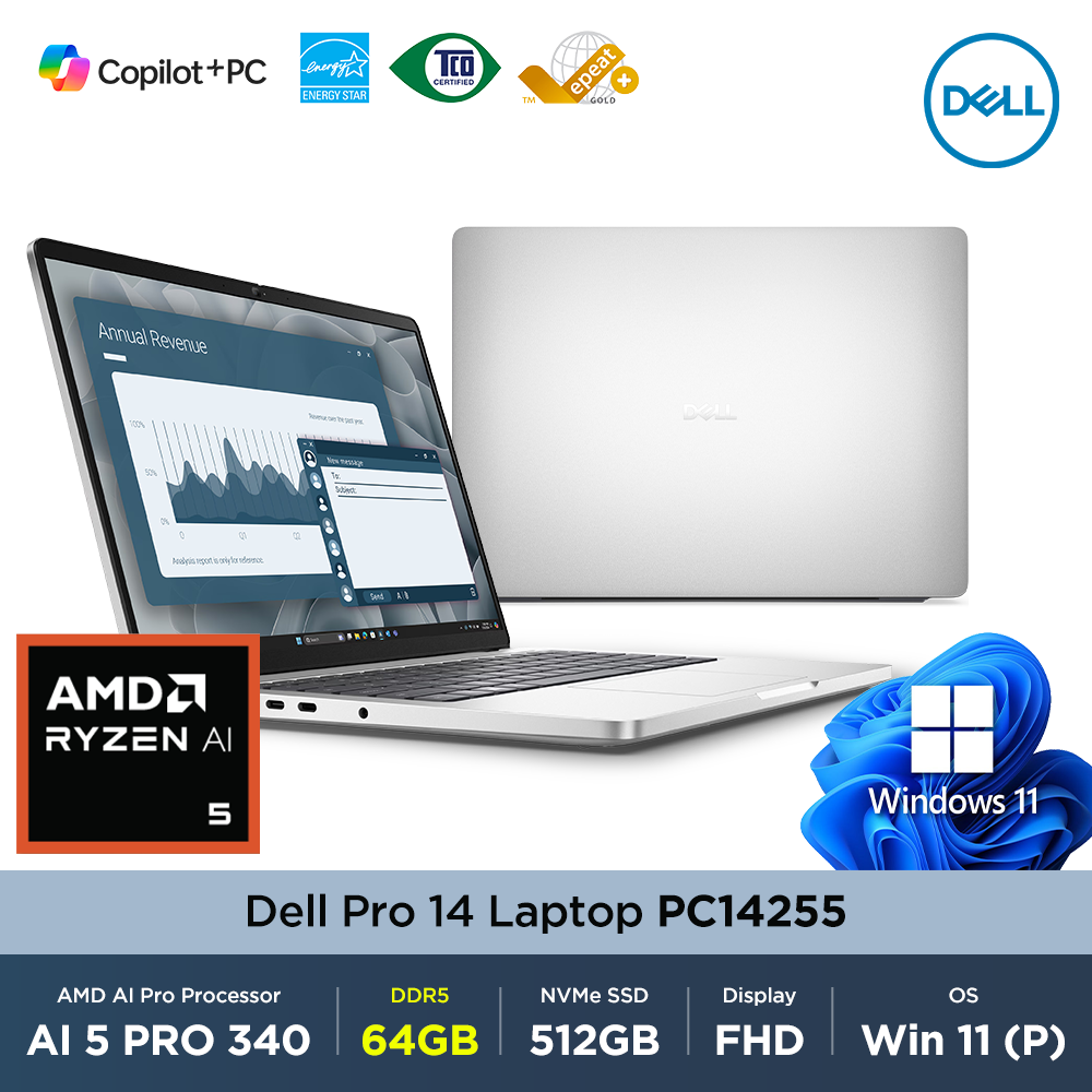 델 Dell Pro 14 PC14255 AMD Ryzen AI 5 340 64GB 512GB Win11Pro 14인치 FHD+ 비즈니스 노트북