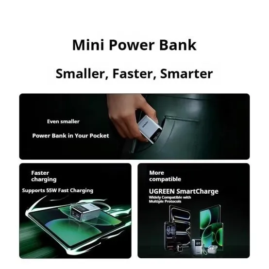 UGREEN 55W 맥스 미니 파워뱅크 10000mAh 대용량 LED