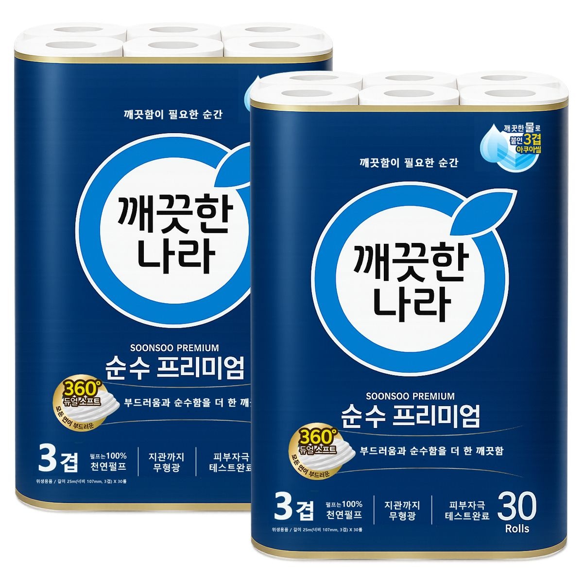 깨끗한나라 순수 프리미엄 3겹 데코 30롤 x 2팩 와이드너비 롤휴지 롤화장지