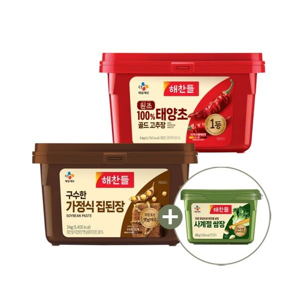 CJ제일제당 [CJ제일제당] 해찬들 원조 태양초 고추장 3kg x1개+구수한 집된장 3kg x1개+사계절 쌈장 500g x1개