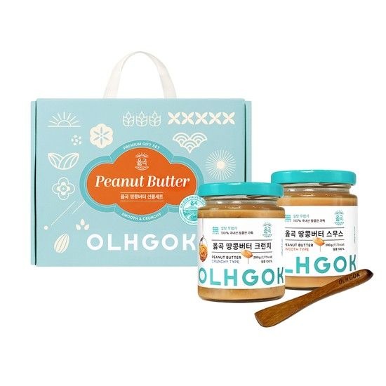 (주)잼홀릭 옳곡 100% 국내산 무첨가 땅콩버터 선물세트 (스무스200g+크런치200g+버터 나이프)