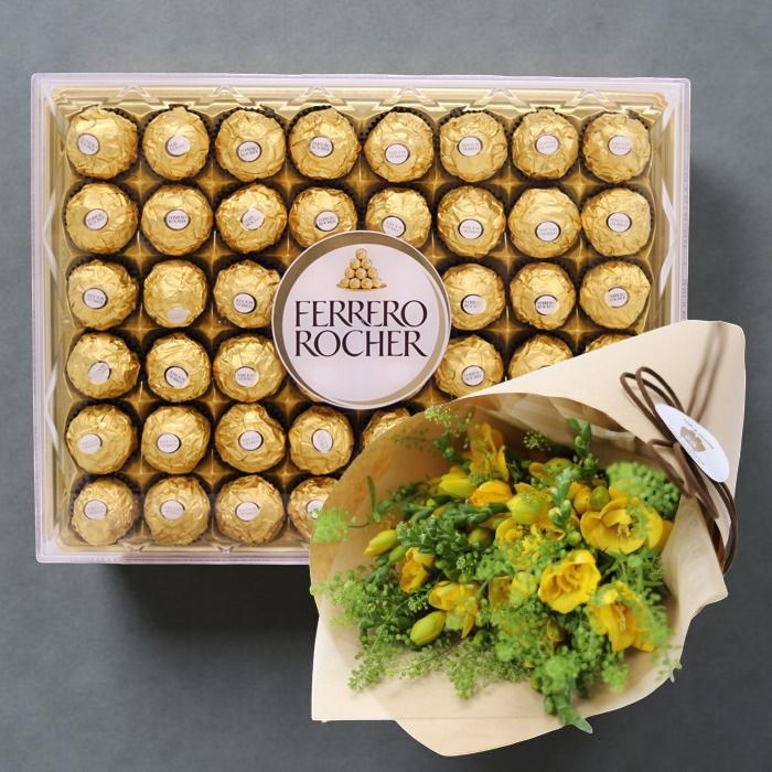 플라워 몬스터 앙팡 프리지아+페레로로쉐 48P 꽃배달 꽃선물 축하 기념 선물 꽃바구니 생일 기념일 졸업 입하 익일배송