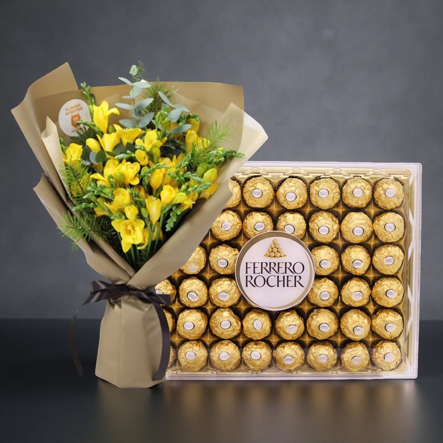 플라워 몬스터 온리원 프리지아+페레로로쉐 48P 꽃배달 꽃선물 축하 기념 선물 꽃바구니 생일 기념일 졸업 입하 익일배송