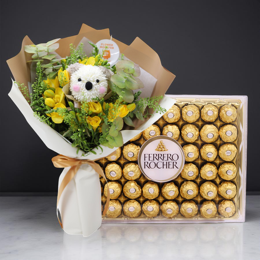 플라워 몬스터 프리지아 코알라+페레로로쉐 48P 꽃배달 꽃선물 축하 기념 선물 꽃바구니 생일 기념일 졸업 입하 익일배송