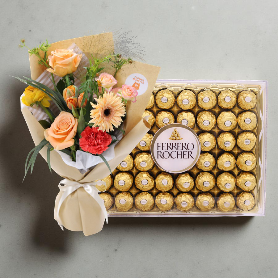 플라워 몬스터 하이디 꽃다발+페레로로쉐 48P 꽃배달 꽃선물 축하 기념 선물 꽃바구니 생일 기념일 졸업 입하 익일배송