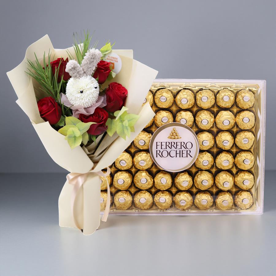 플라워 몬스터 바니앤로즈+페레로로쉐 48P 꽃배달 꽃선물 축하 기념 선물 꽃바구니 생일 기념일 졸업 입하 익일배송