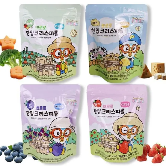 뽀로로 한입 크리스피롤 60g 3봉 (딸기,치즈,블루베리,야채 택1)