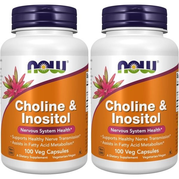 나우푸드 NOW Foods Supplements, Choline & Inositol 500 mg, Healthy Nerve Transmission*, Nervous System Health*, 100 Capsules Pack of 2