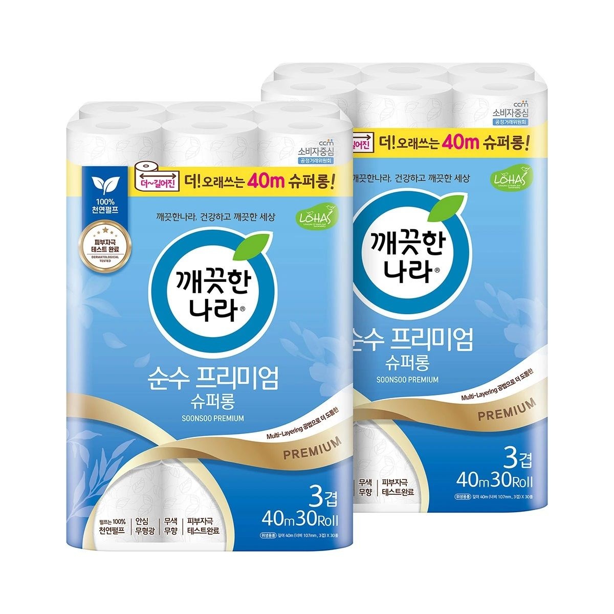 무료배송 깨끗한나라 순수 프리미엄 슈퍼롱 40m x 30롤 x 2