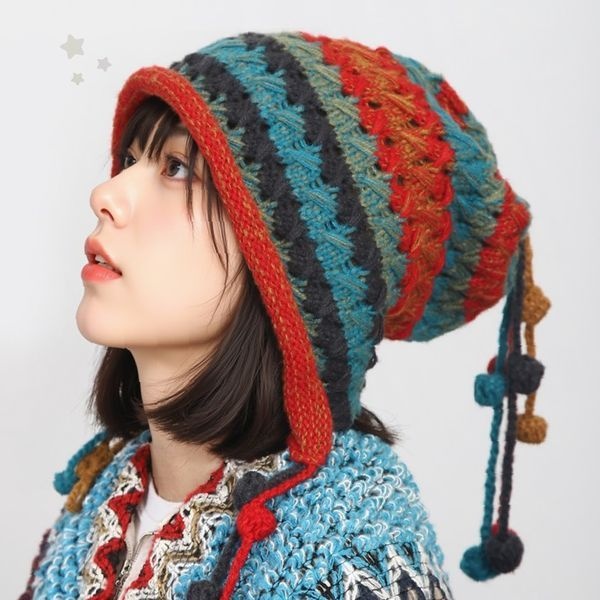 겨울 방한용 니트 비니 여성용 남성용 털실 손뜨개 장식 방울달린 벙거지 모자