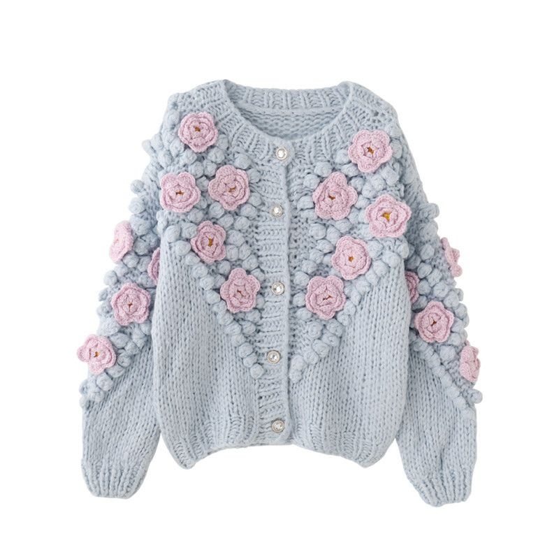 [해외] 니트 사랑스럽개 박규영 폼폼 오늘도 가디건 하늘색 카라멜색 S