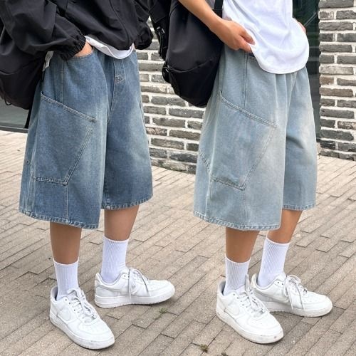 남녀공용 와이드 오버핏 데님 라인 버뮤다 팬츠