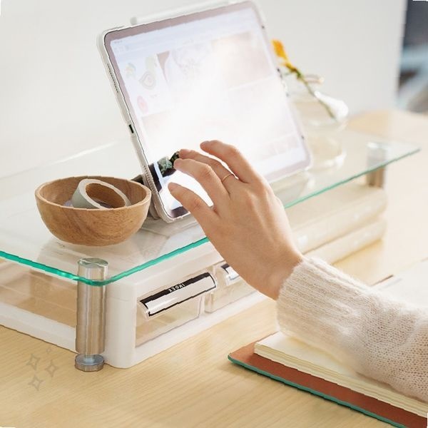책상위 모니터 받침선반 강화유리 상판 높낮이 조절 가능 사무용 화면 거치선반