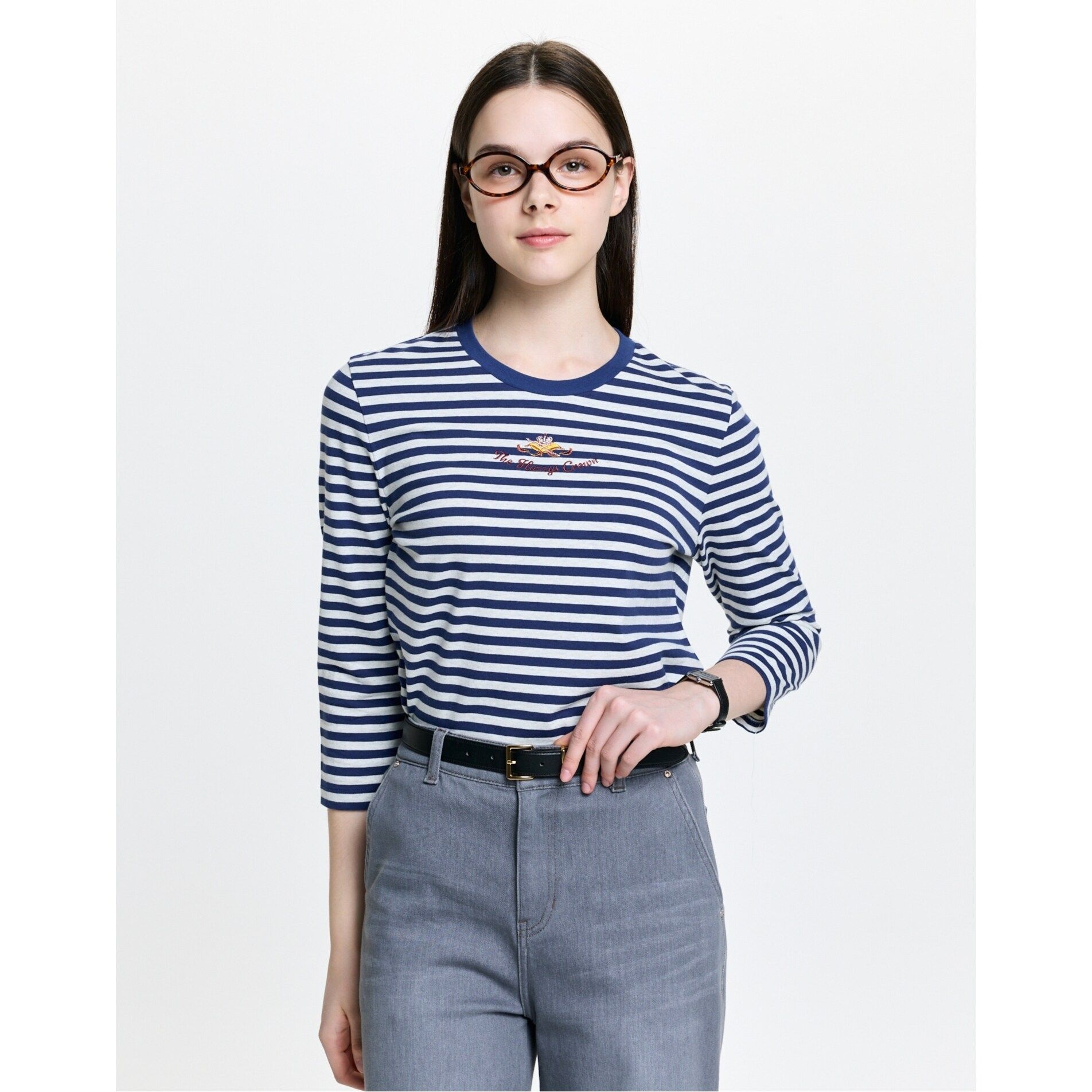 헤지스 여성 7부 슬림핏 스트라이프 티셔츠 블루 (HSTS6B201B2)