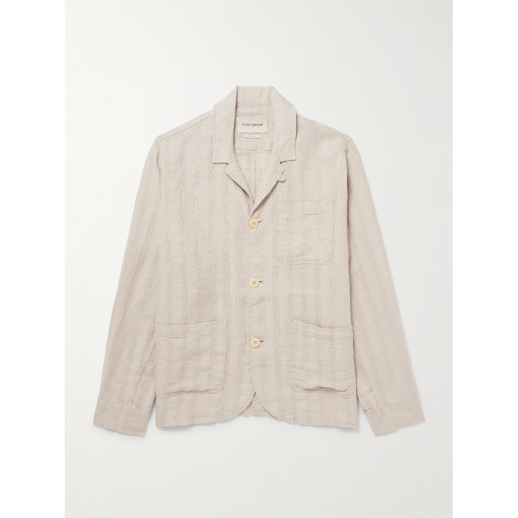 올리버스펜서 올리버 스펜서 올리버스펜서 Beige Bradwell Convertible Collar Striped Linen Jacket TP571336632