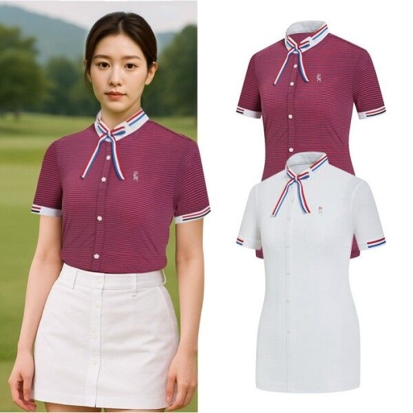 비티알 [BTR] 비티알 여성 골프웨어 여름 반팔 스트라이프 리본 카라 티셔츠 BSC493QT7W
