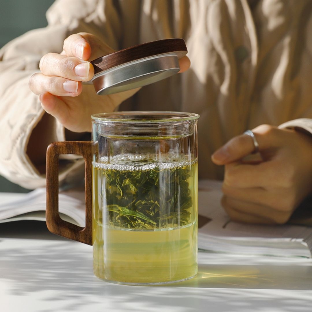 티머그 내열유리 차우리는 유리컵 2size 다기잔 유리 차거름망세트 뚜껑 나무 림 유니크한 티포트 머그