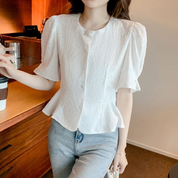 모노위크 [패션플러스][모노위크][청순신상] 멜로 링클 콩단추 소매디테일 주름 반팔 블라우스