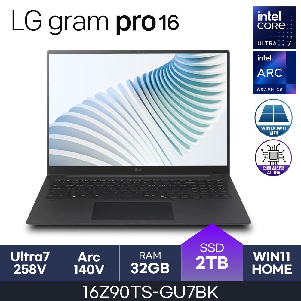 LG전자 LG 그램 프로16  16Z90TS-GU7BK 코어울트라7 WQXGA PD충전 32GB 2TB Win11Home HMC