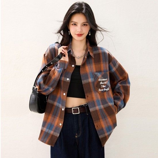 핸드 페인팅 레터링 체크셔츠