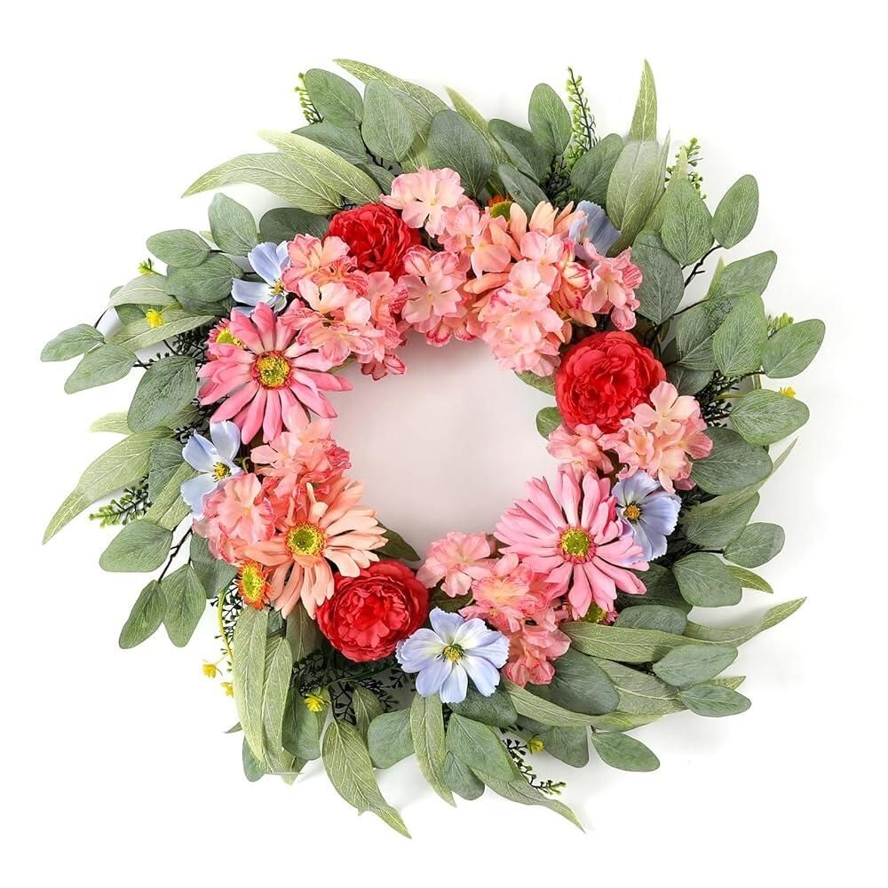 BOMAROLAN [해외] BOMAROLAN 인공 수국 데이지 화환 61cm(24인치) 봄 여름 앞문용 코스모스 작약과 유칼립투스 잎 양치류 대형 실내 실외