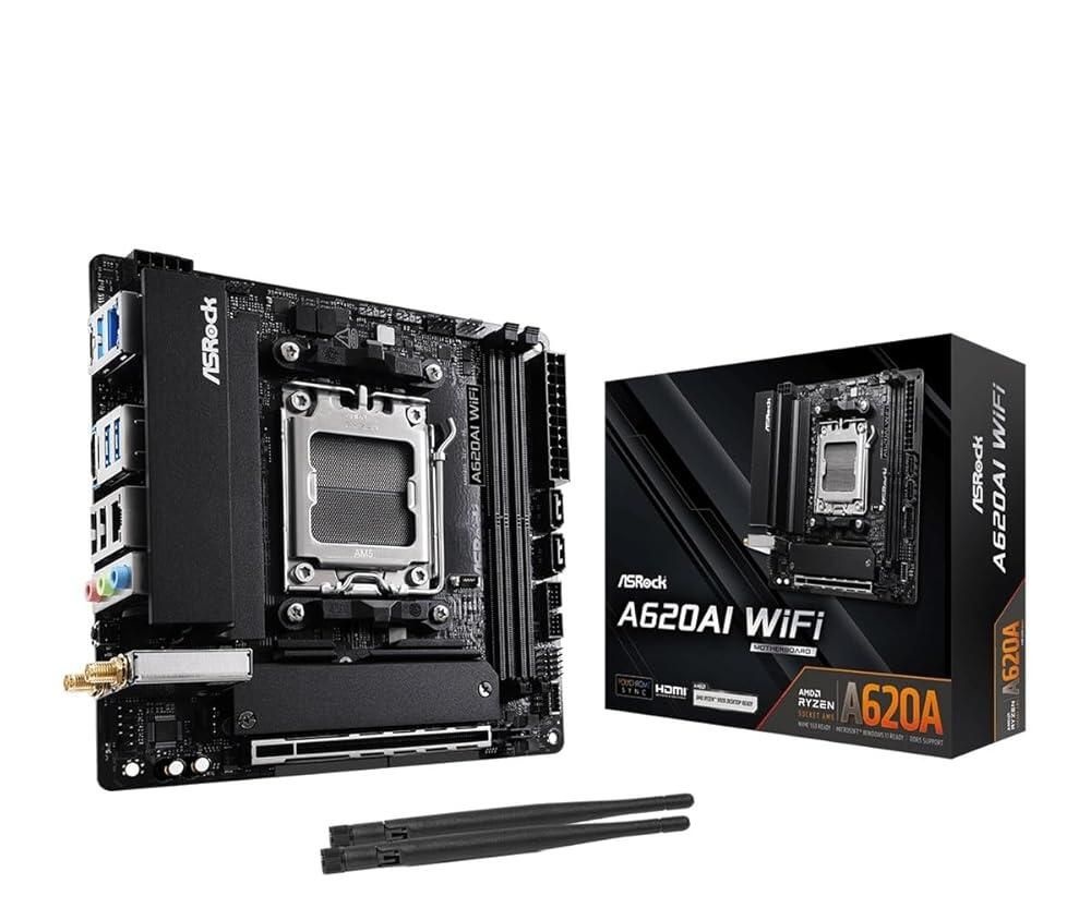 [해외] ASRock A620AI WiFi AMD AM5 Mini-ITX 마더보드, Ryzen 9000/8000/7000 시리즈 프로세서 지원, DDR5 8200+ OC, PCIe 4.0, 듀얼 LAN, Wi-Fi 6E, 8