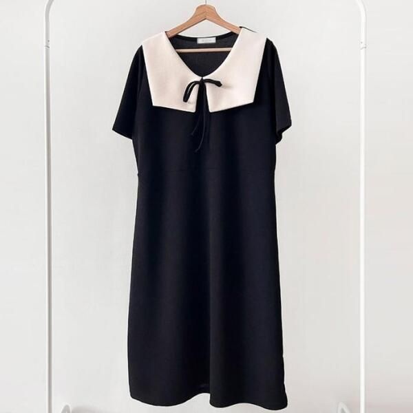 [셀러허브 여성] 빅사이즈배색원피스 U403L506 브라이덜블랙리본원피스 BS
