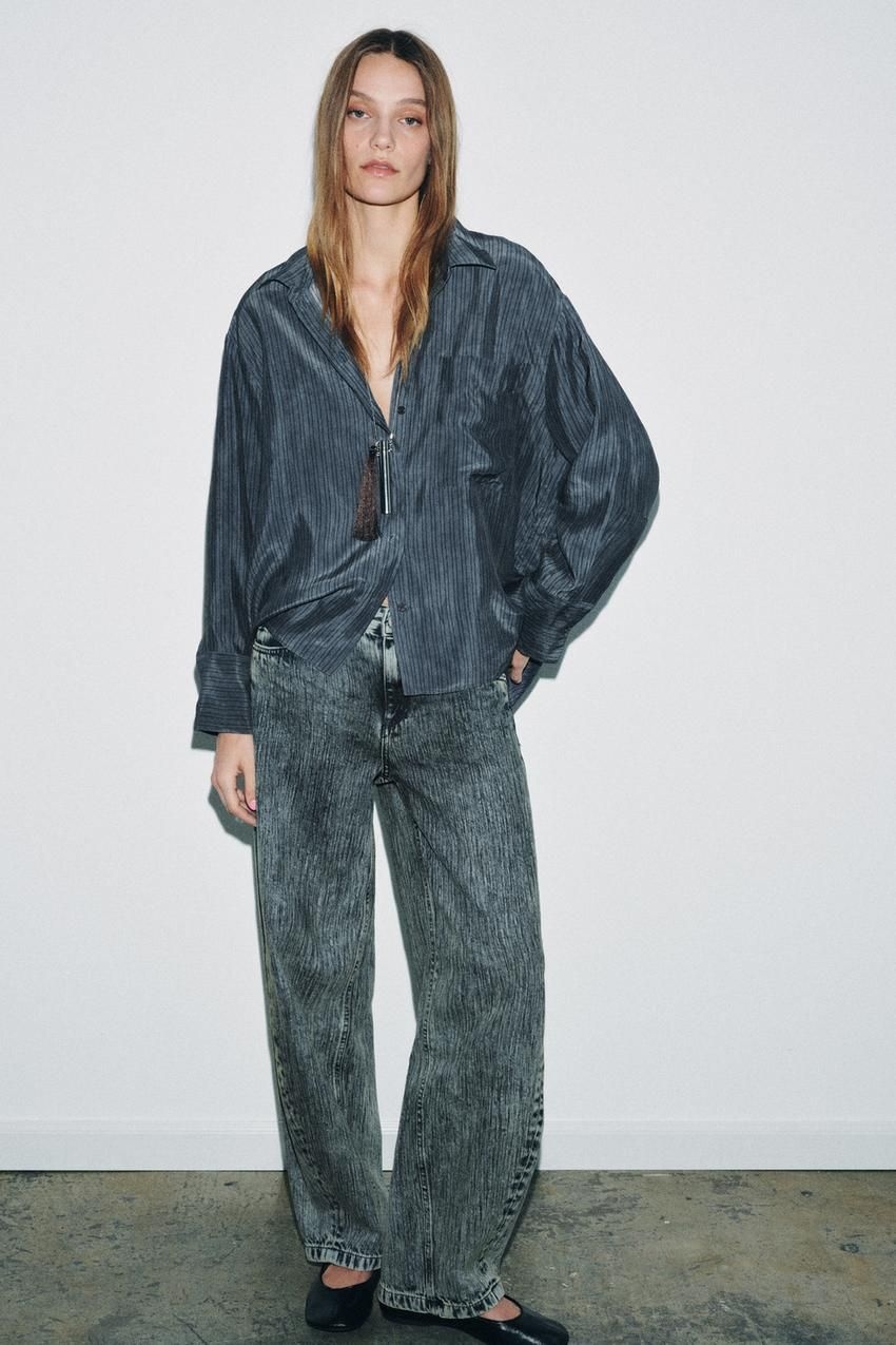 자라 국내 여성 스트라이프 오버사이즈 플루이드 셔츠 ZW 컬렉션 블루 453126