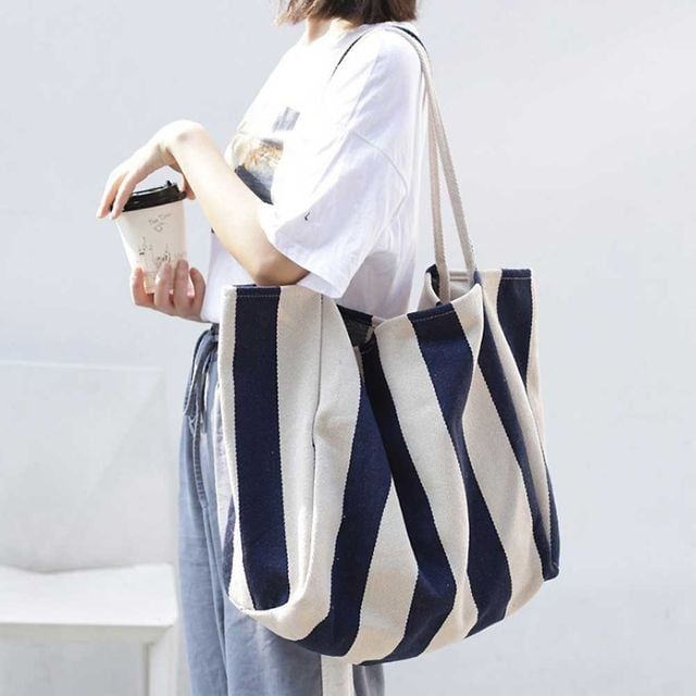 여자 스트라이프 에코백 패브릭 천가방 대학생 가방