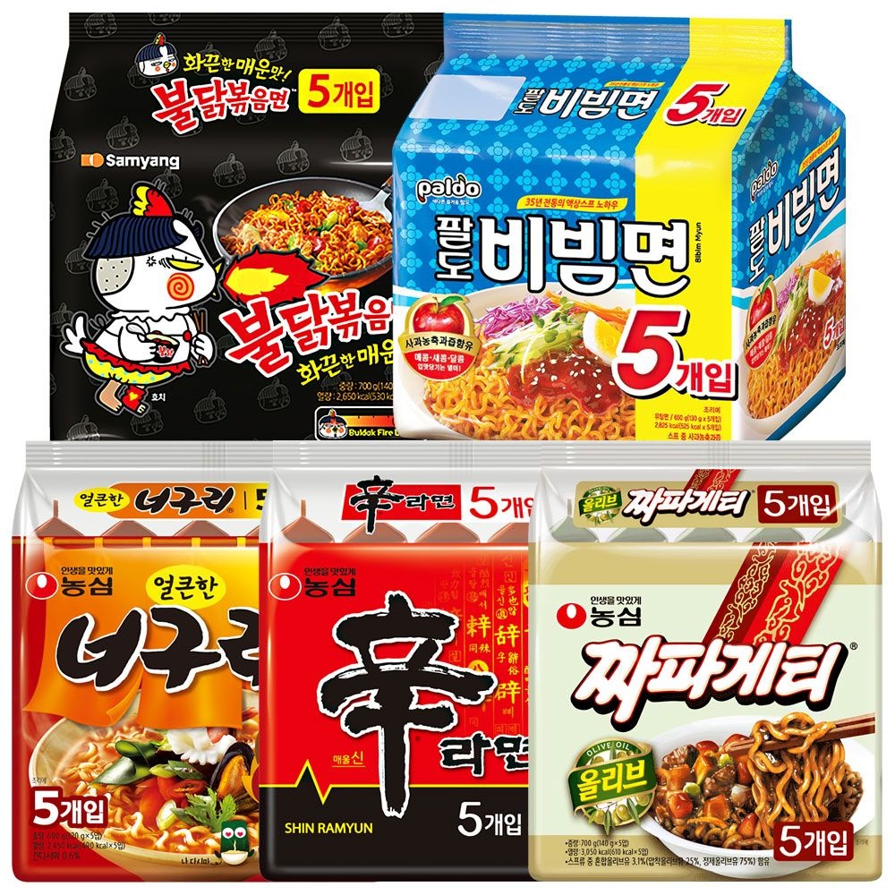 [온누리7%혜택]봉지)불닭5+신5+짜파5+너구리5+비빔면5