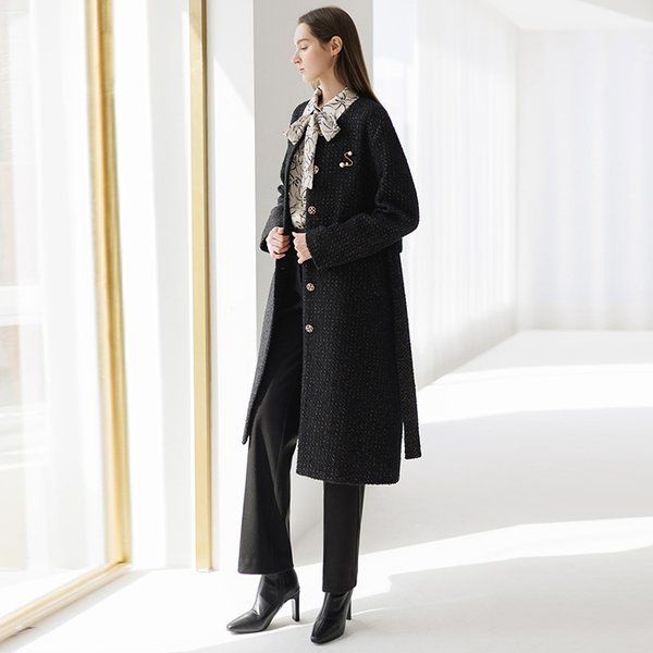 스타일온미 스타일온미 [루이스엔젤] 로니첼 울 골드펄 블렌딩 벨트SET 트위드 롱 코트