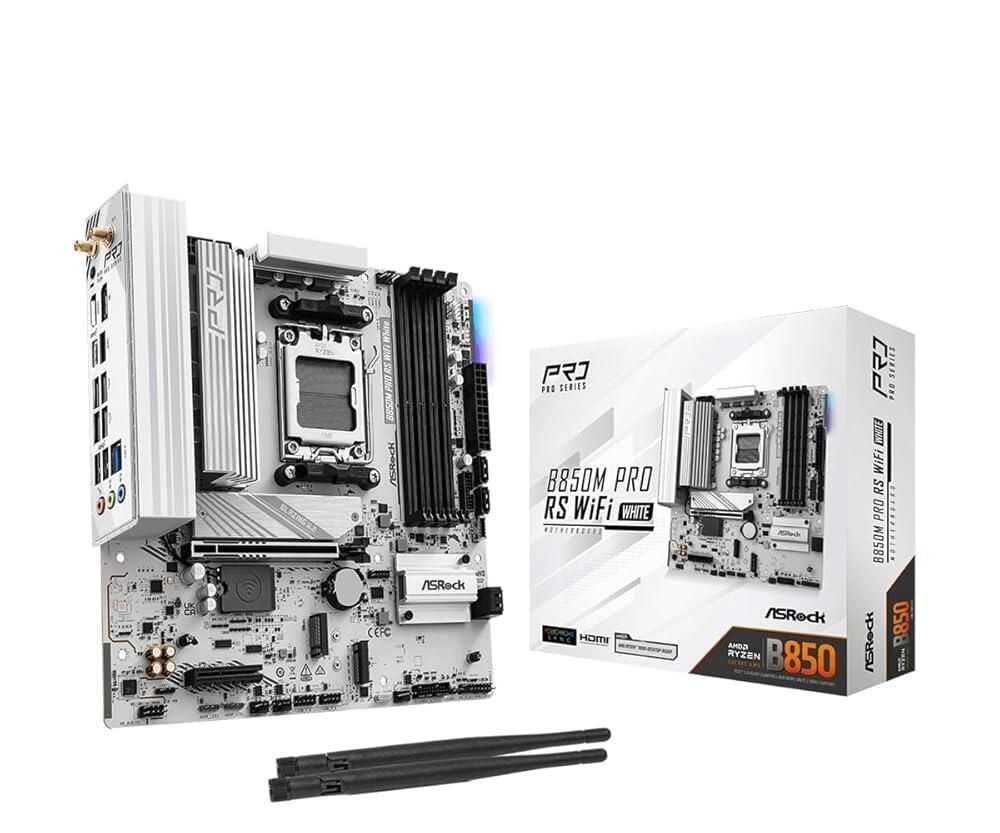 애즈락 [해외] ASRock B850M Pro RS WiFi 화이트 AMD AM5 마이크로 ATX 마더보드, 에디션, Ryzen 9000/8000/7000 시리즈 프로세서 지원, DDR5 8000+ OC