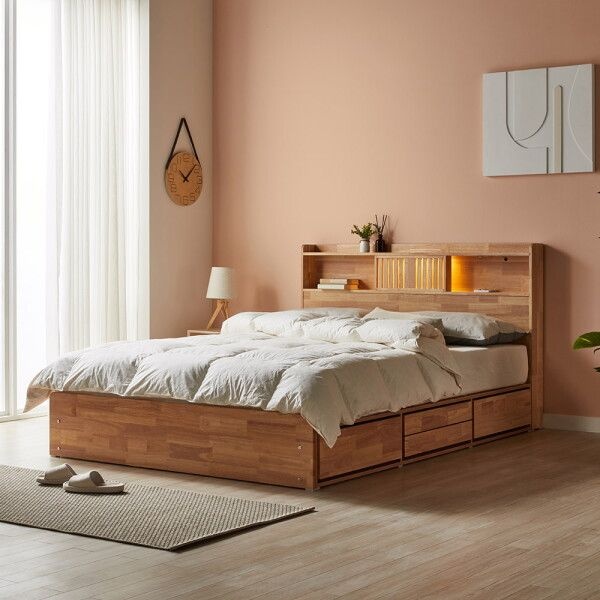 파로마 [파로마] [착불] 포토리뷰 쿠폰증정 피츠 레미 LED 원목 수납침대+40T라텍스매트 Q PDH009