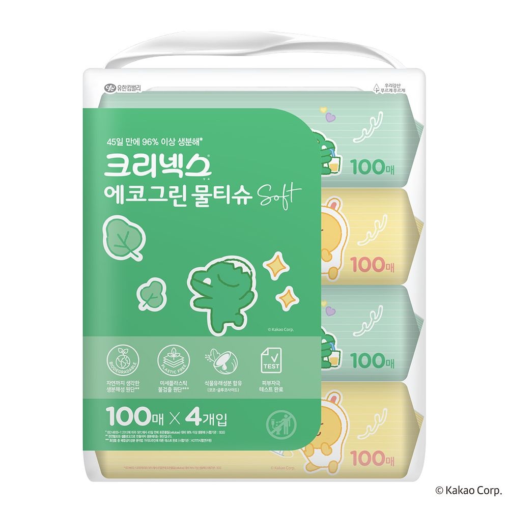 [롯데백화점] 유한킴벌리 [크리넥스] 에코그린 소프트 리틀카카오프렌즈 물티슈 100매 4개입
