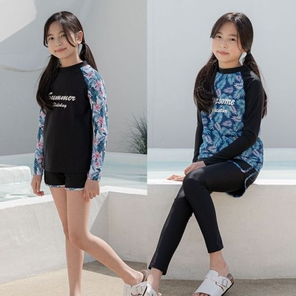 [패션플러스][리틀맘]초등학생 주니어 여아 수영복 긴팔 래쉬가드 세트 3PCS 반바지 워터레깅스