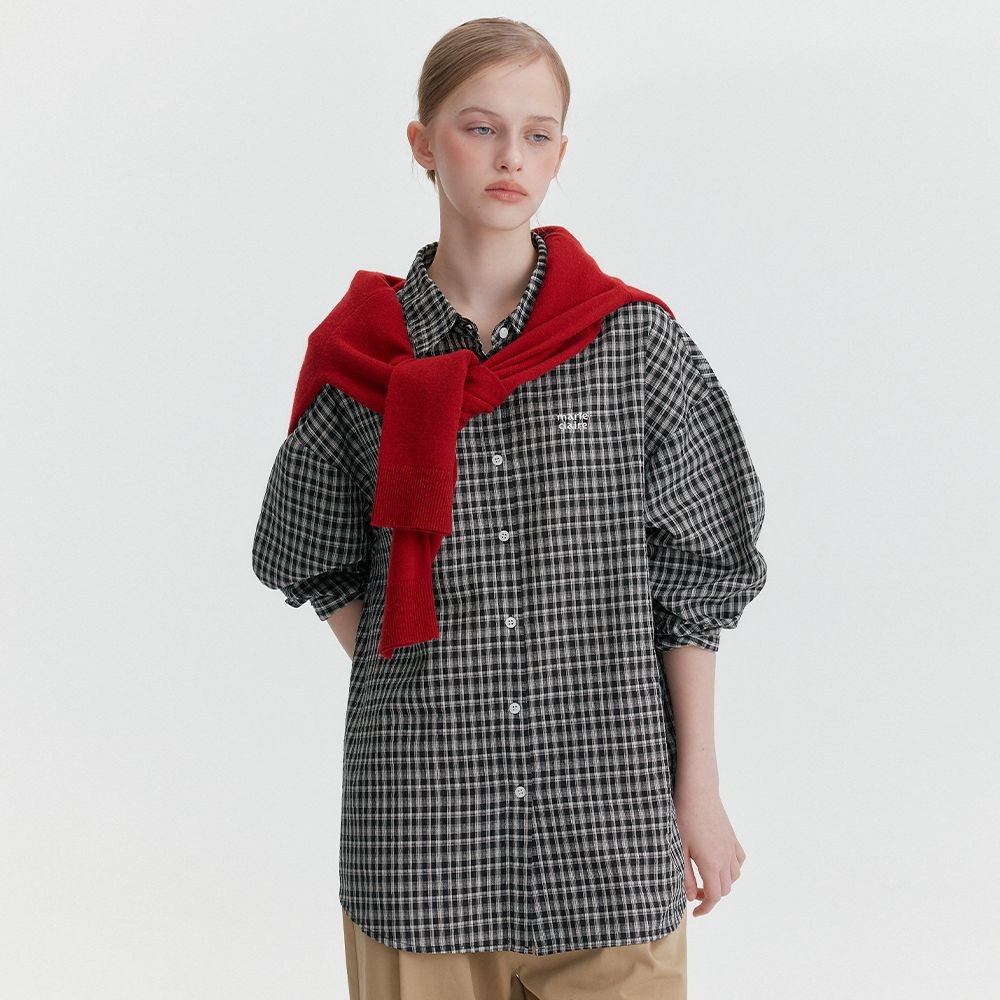 마리끌레르 베이직 로고 오버핏 미니 체크 셔츠 MAGASH03MBK