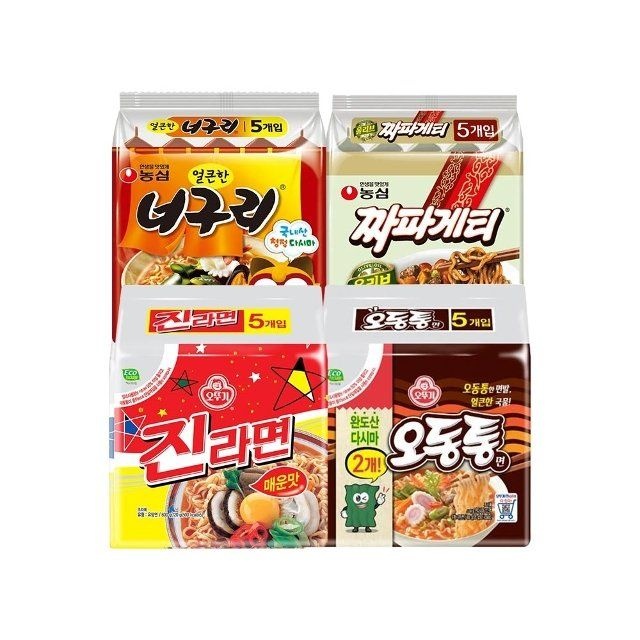 얼큰너구리120g(5개)+짜파게티140g(5개)+진라면매운맛120g(5개)+오동통면120g(5개)