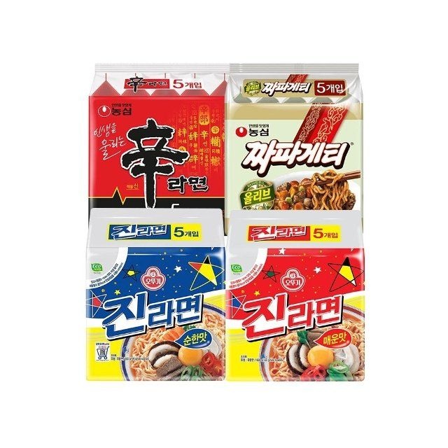 신라면120g(5개)+짜파게티140g(5개)+진라면순한맛120g(5개)+진라면매운맛120g(5개)