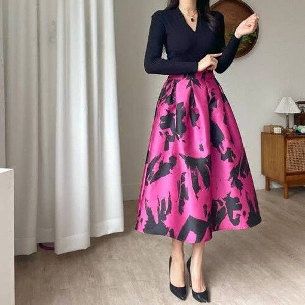 UnKnown [하프클럽/엘린무드]가우디 자가드 벌룬 공주 밴딩 A라인 플레어 훌 롱 여신 연말 파티 유니크 핫핑크 스커트3COLOR