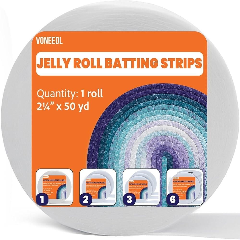 VONEEDL 젤리 롤 배팅 스트립 - 6.4cm(2 1/4인치) x 45.7m(50야드) 면 혼방 배팅 롤, 젤리 롤 러그, 스로우 러그, 퀼팅, 바느