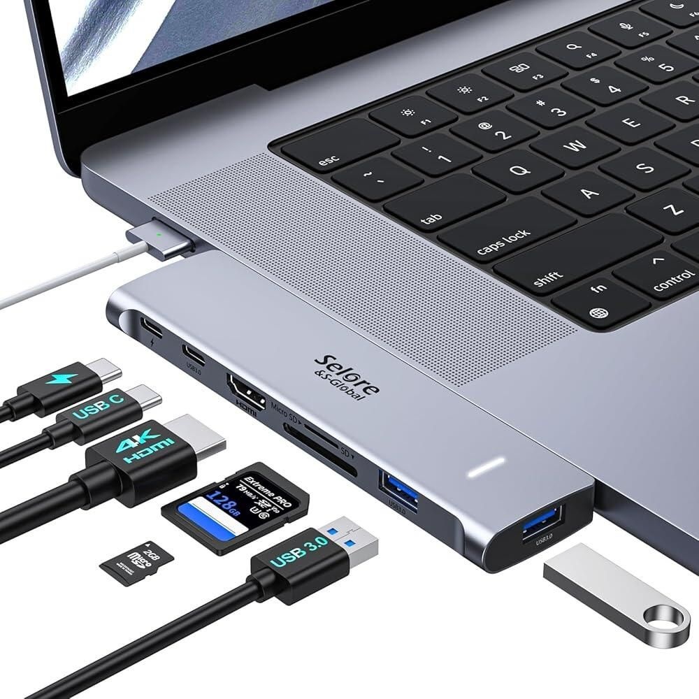 [해외] 맥북 프로/에어 M1 M2 M3 2021 2020 2019 13인치 15인치 16인치용 USB C 어댑터, 6 in 1 USB-C 허브 맥북 프로 액세서리, USB 3.0